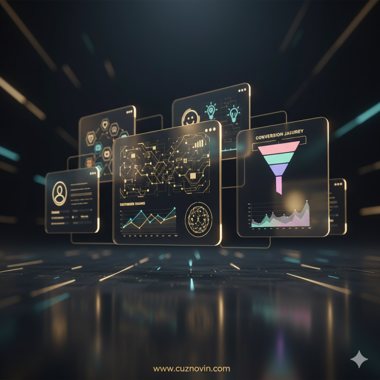 تصویر آینده برندینگ و بازاریابی دیجیتال با عناصر هوش مصنوعی، تحلیل داده، تجربه مشتری و استراتژی فروش آنلاین توسط کاز نوین شمال