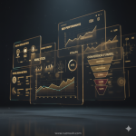 تصویر مفهومی بازاریابی دیجیتال با داشبورد آنالیتیکس، قیف تبدیل و آیکون‌های شبکه‌های اجتماعی توسط کاز نوین شمال